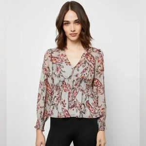 BCBGMAXAZRIA Grey DaytimePrinted Sheer Metallic Top Blouse Size L Large